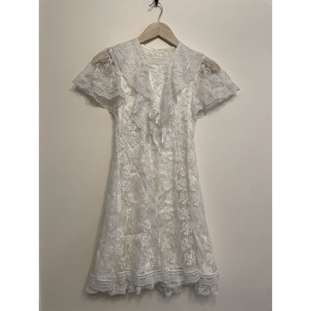 Vintage Jessica McClintock Girls Dress Size 8 White Lace Party Formal Bow Ruffle